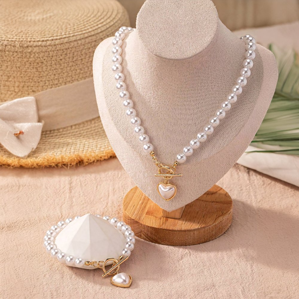 Beaded Heart Pendant Jewelry Set - Elegant Bracelet and Necklace with Imitation Pearls for Women 7