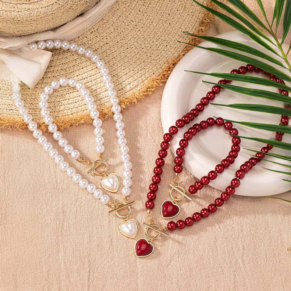 Beaded Heart Pendant Jewelry Set - Elegant Bracelet and Necklace with Imitation Pearls for Women 8