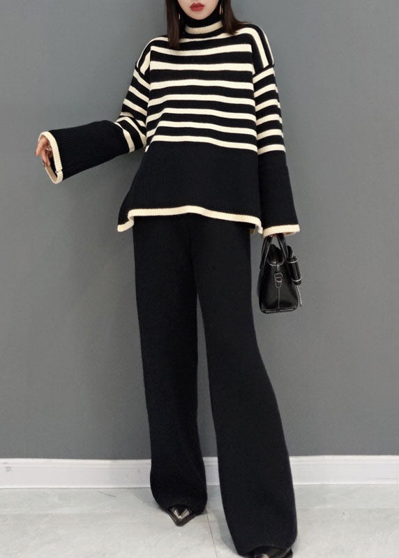 Women's Two Piece Suit Set Black Striped Knit - 1