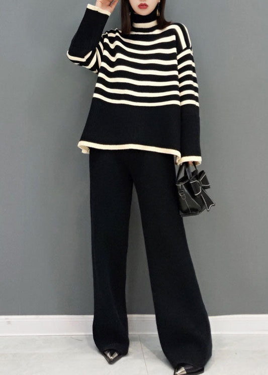 Women's Two Piece Suit Set Black Striped Knit - 2