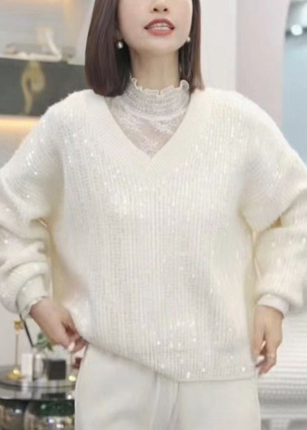 Women's Sweater Pink Knit V Neck Sequin Blend - 2