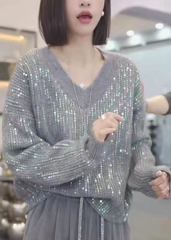 Women's Sweater Pink Knit V Neck Sequin Blend - 3