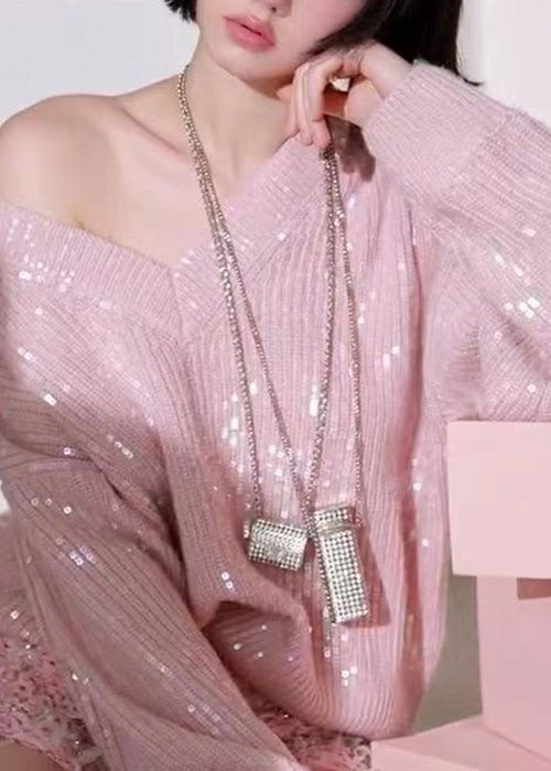 Women's Sweater Pink Knit V Neck Sequin Blend - 4