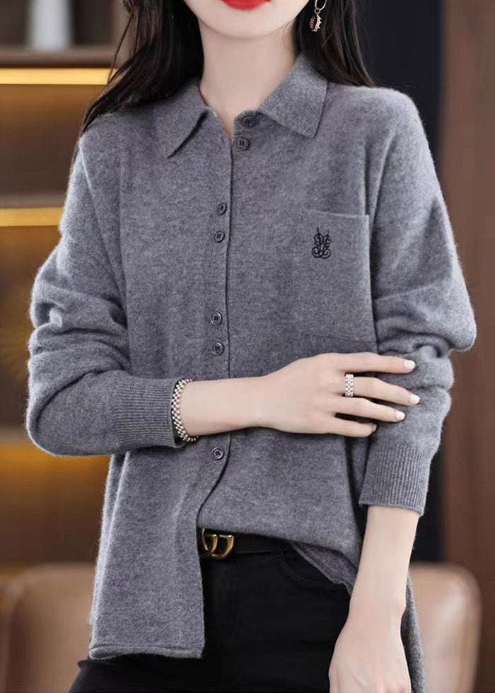 Women's Knitted Top Pink Wool Blend Peter Pan Collar - 2