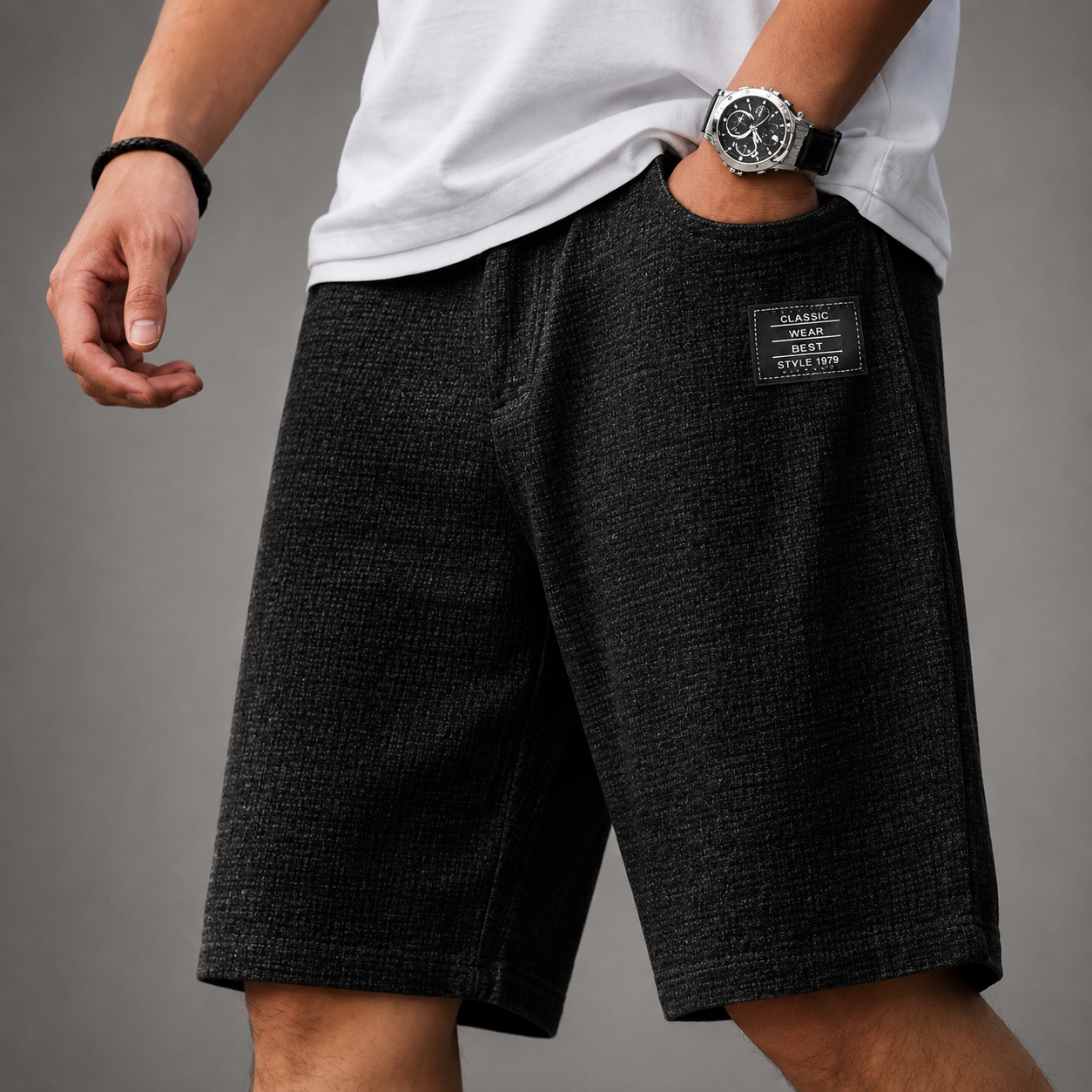 Men's Linen Blend Casual Shorts in Black - front view | Hensley London