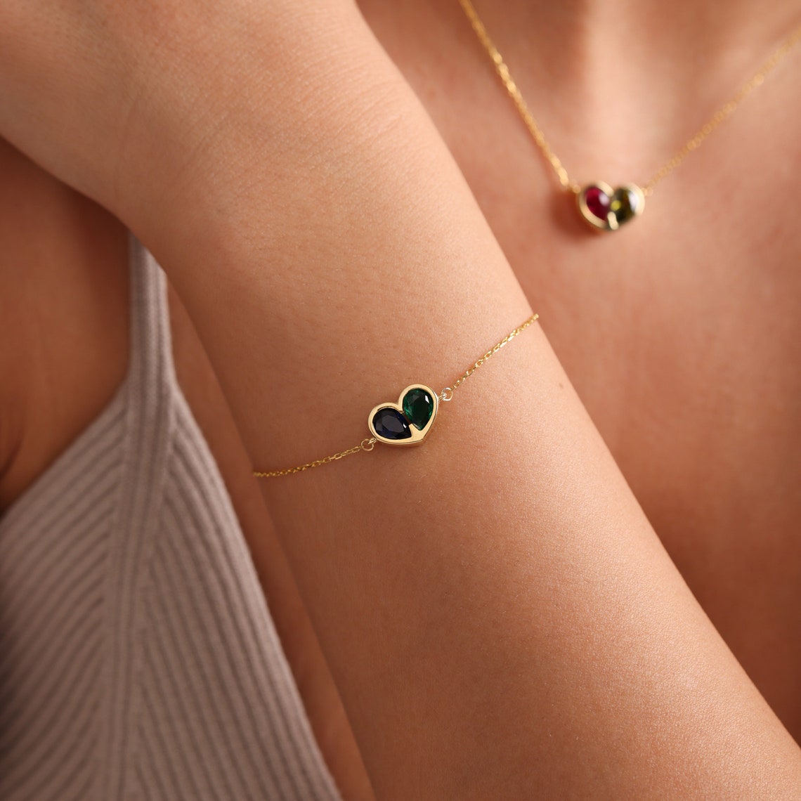 Birthstone Heart Necklace and Bracelet Set for Women, Customizable Hypoallergenic Jewelry with Zircon Accents