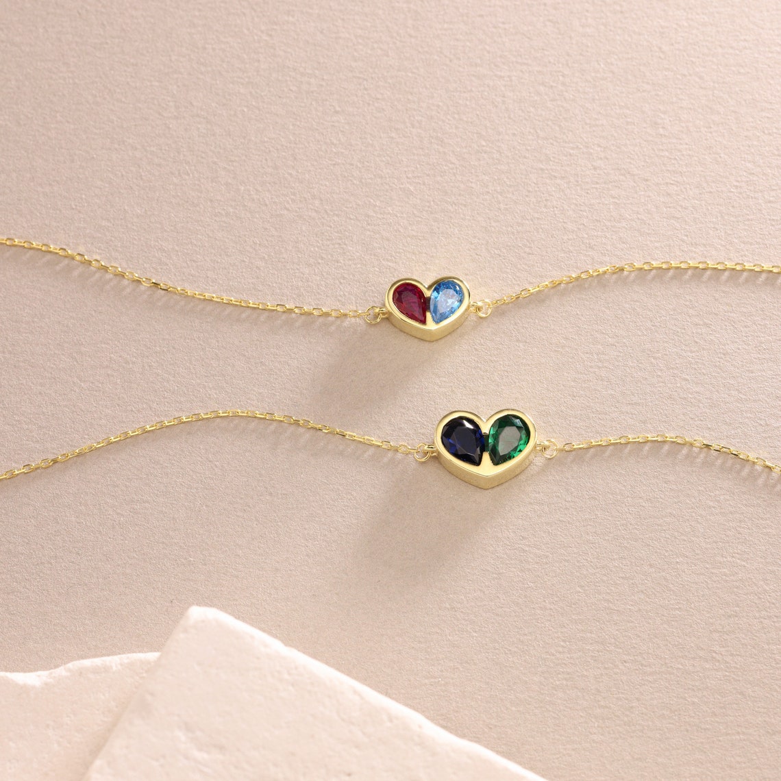Birthstone Heart Necklace and Bracelet Set for Women, Customizable Hypoallergenic Jewelry with Zircon Accents
