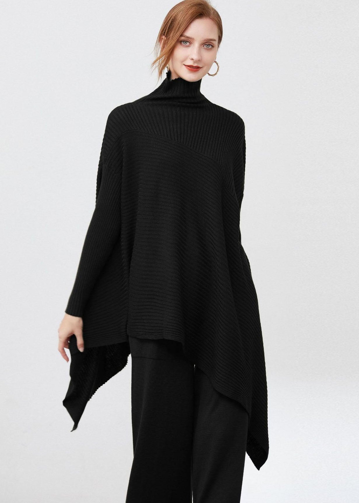 Women's Sweater Black Oversized Wool Long Sleeve - 2