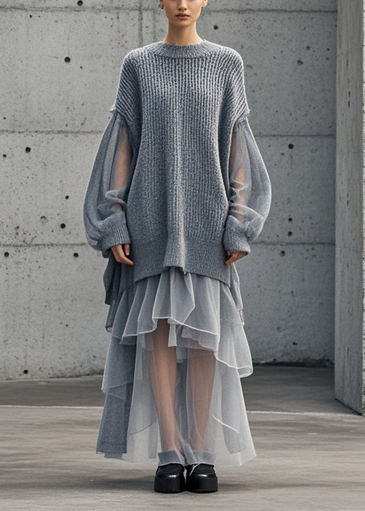 Women's Sweater Dress Grey Tulle Oversized - 1