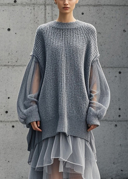 Women's Sweater Dress Grey Tulle Oversized - 2