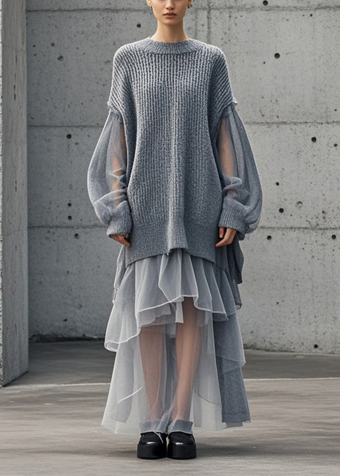 Women's Sweater Dress Grey Tulle Oversized - 3