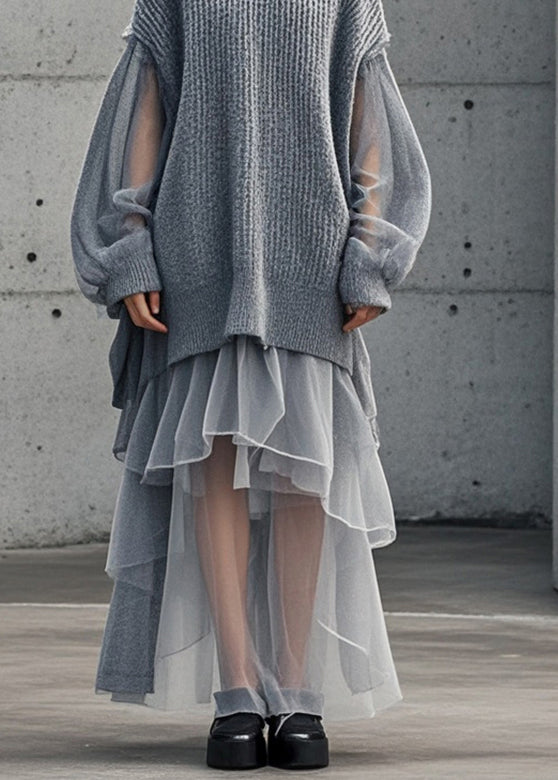 Women's Sweater Dress Grey Tulle Oversized - 4