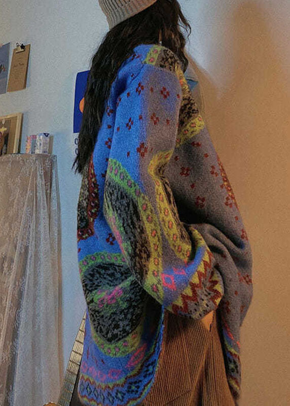 Women's Sweater Coat Blue Knit Button Print - 4