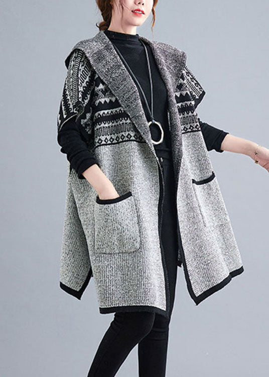 Women's Cardigan Grey Cotton Blend Hooded Short Sleeve - 2