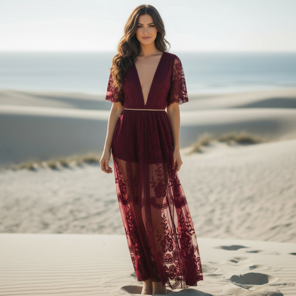 Bella Lace Maxi Dress | Bohemian Red Tulle - Image 2