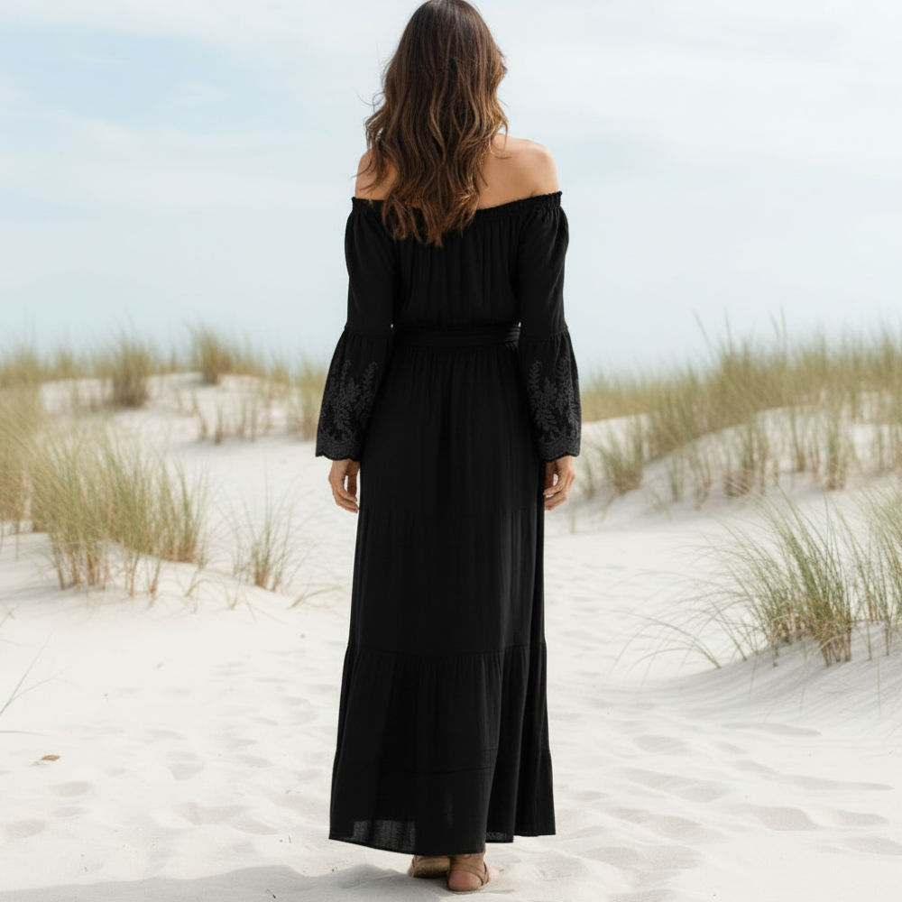 Bella White Maxi Dress | Off-Shoulder, Flared Silhouette for Women - Image 4