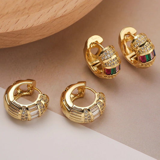 Bold Baguette Diamond Hoop Earrings in Gold or Silver – Chunky Design with Colorful or White Diamonds 1