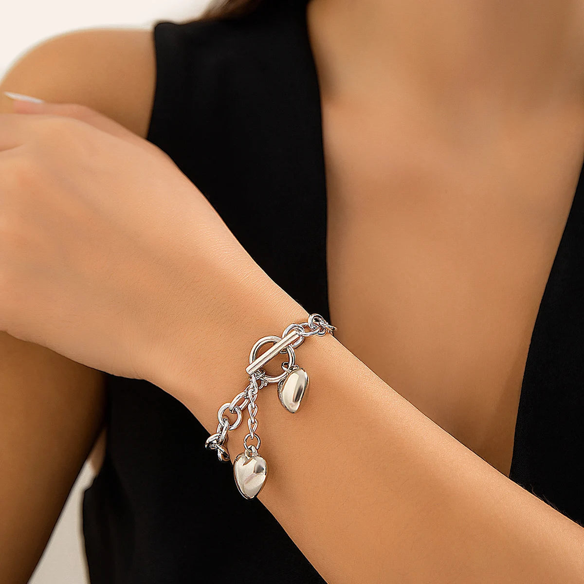 Bold Dual Heart Lariat Necklace and Bracelet Set – Chunky Chain Link Jewelry in Gold and Silver, 316L Stainless Steel 4