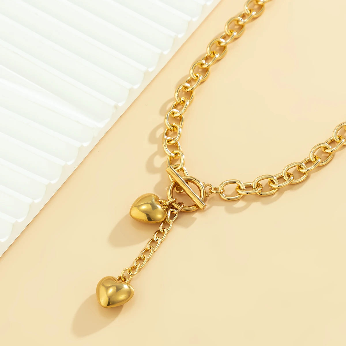 Bold Dual Heart Lariat Necklace and Bracelet Set – Chunky Chain Link Jewelry in Gold and Silver, 316L Stainless Steel 8