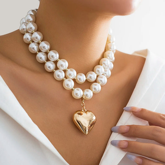 Bold Pearl Necklace with Gold Heart Pendant – Layered Design, Adjustable Length 1