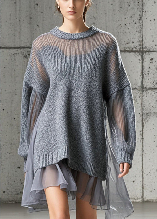 Women's Day Dress Grey Knit Tulle Oversized - 1