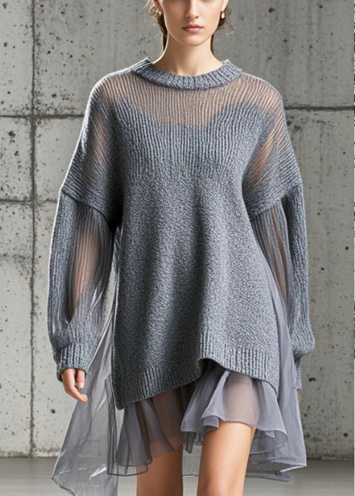 Women's Day Dress Grey Knit Tulle Oversized - 3