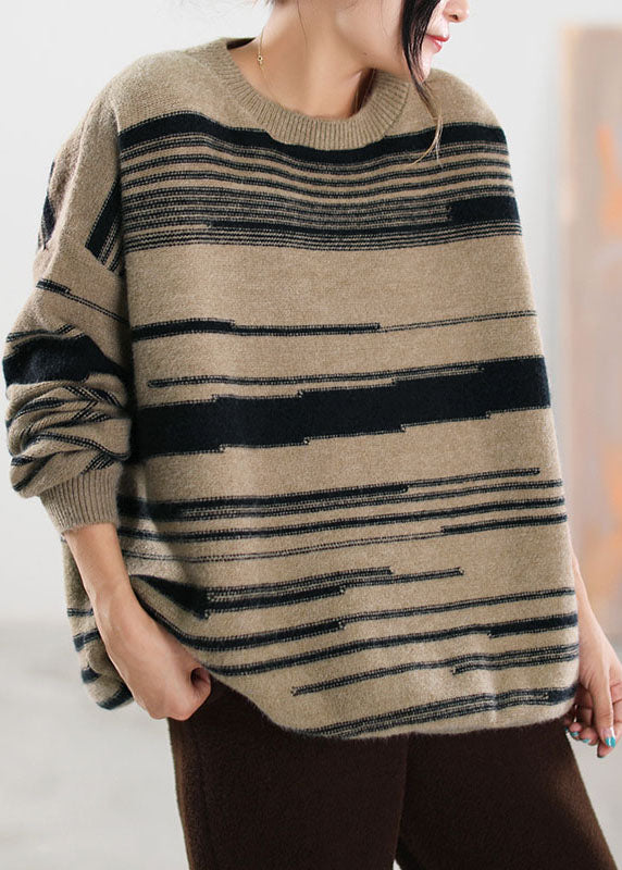 Women's Sweater Khaki Striped Knit Cotton - 1