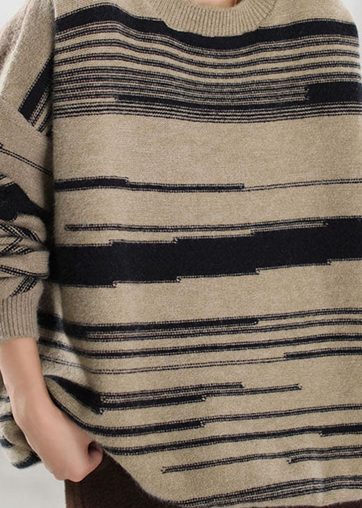 Women's Sweater Khaki Striped Knit Cotton - 4