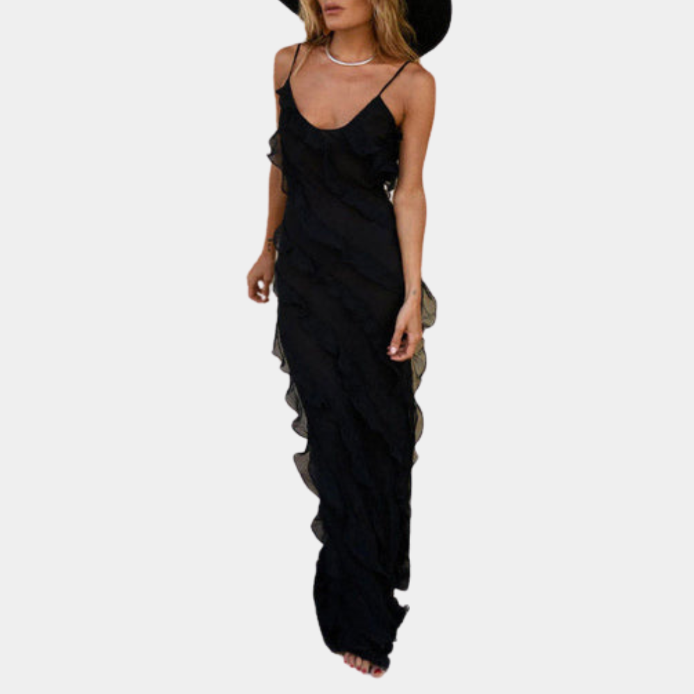 Women's Evening Gown Black Ruffled Polyester Formal Dress-4
