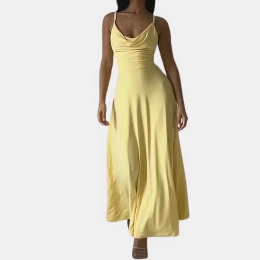 Women's Evening Gown Yellow Rayon Blend Cowl Neck Floor-Length Formal Dress-2