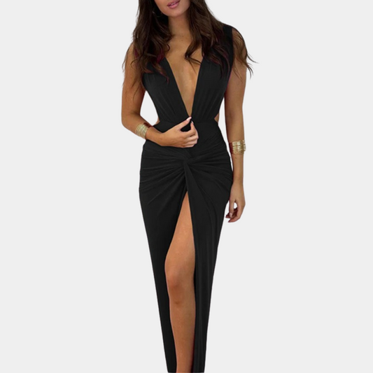 Women's Evening Gown White Rayon Blend Deep V-Neck Formal Dress-2