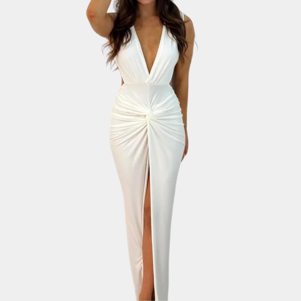 Women's Evening Gown White Rayon Blend Deep V-Neck Formal Dress-4
