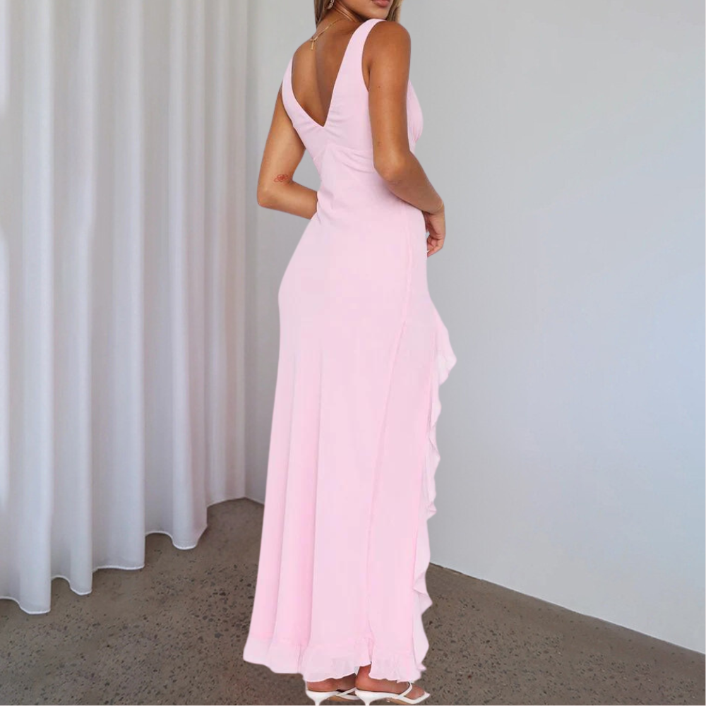 Women's Evening Dress Pink Rayon Blend High-Low Hem-3