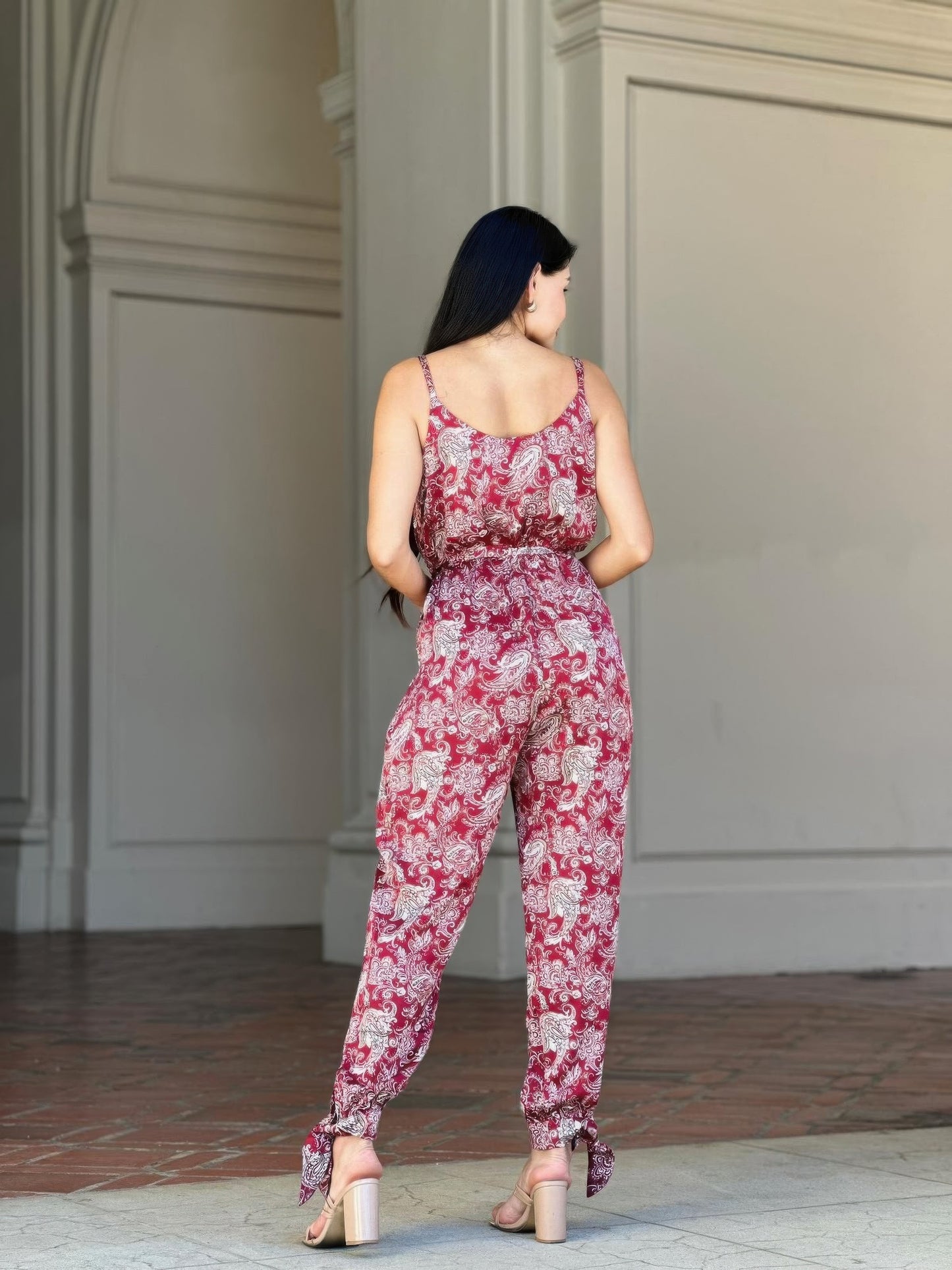 Women's Paisley Print Jumpsuit, Lightweight Wide-Leg Boho Summer Outfit, Wine - Image 8