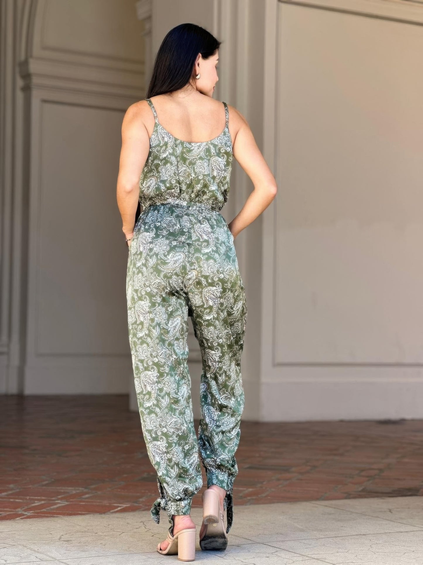 Women's Paisley Print Jumpsuit, Wide-Leg Sleeveless Boho Summer Outfit, Green - Image 8