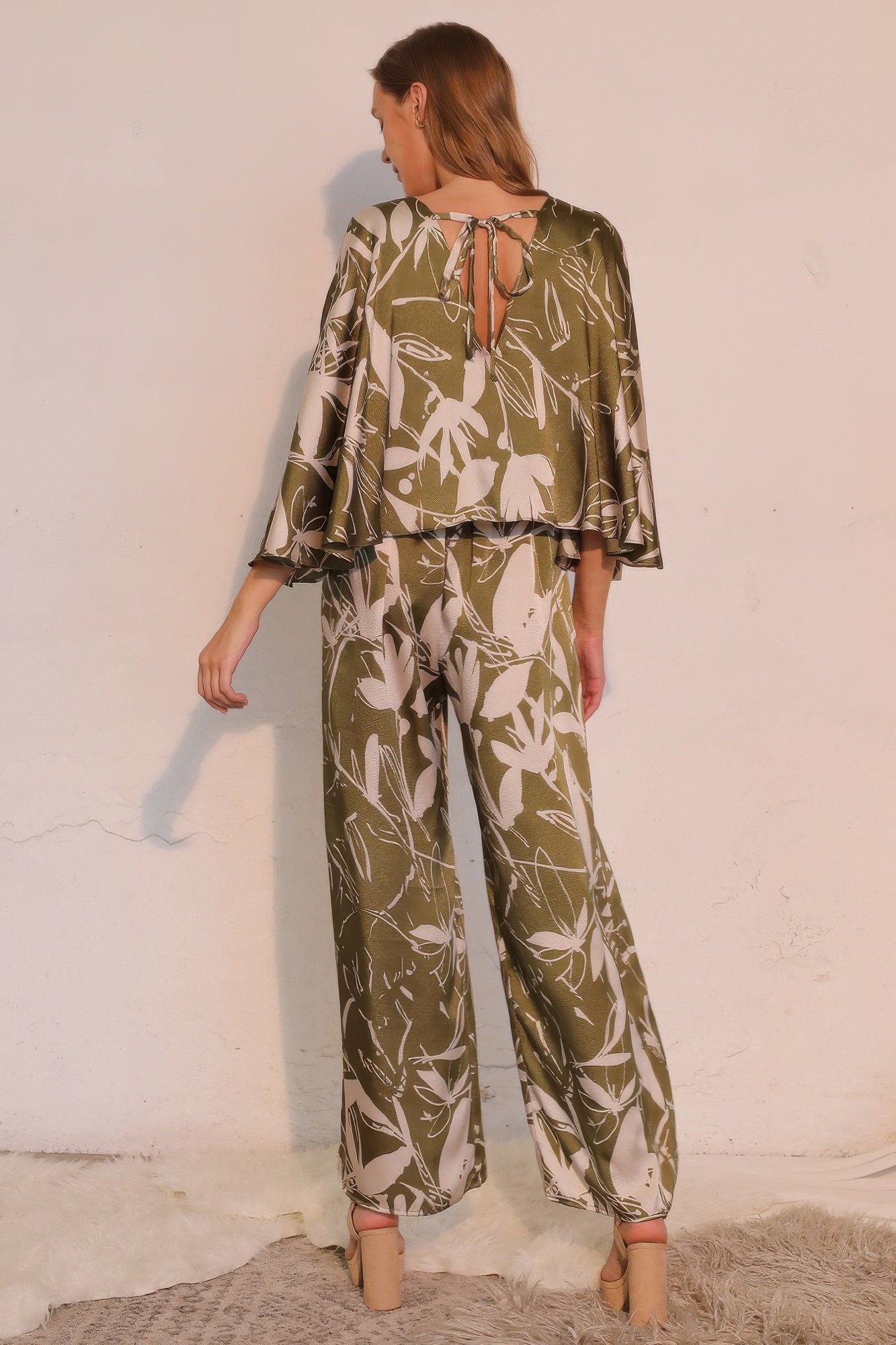 Women's Satin Cape-Overlay Jumpsuit, Elegant Wide-Leg Formal Evening Gown, Olive - Image 5