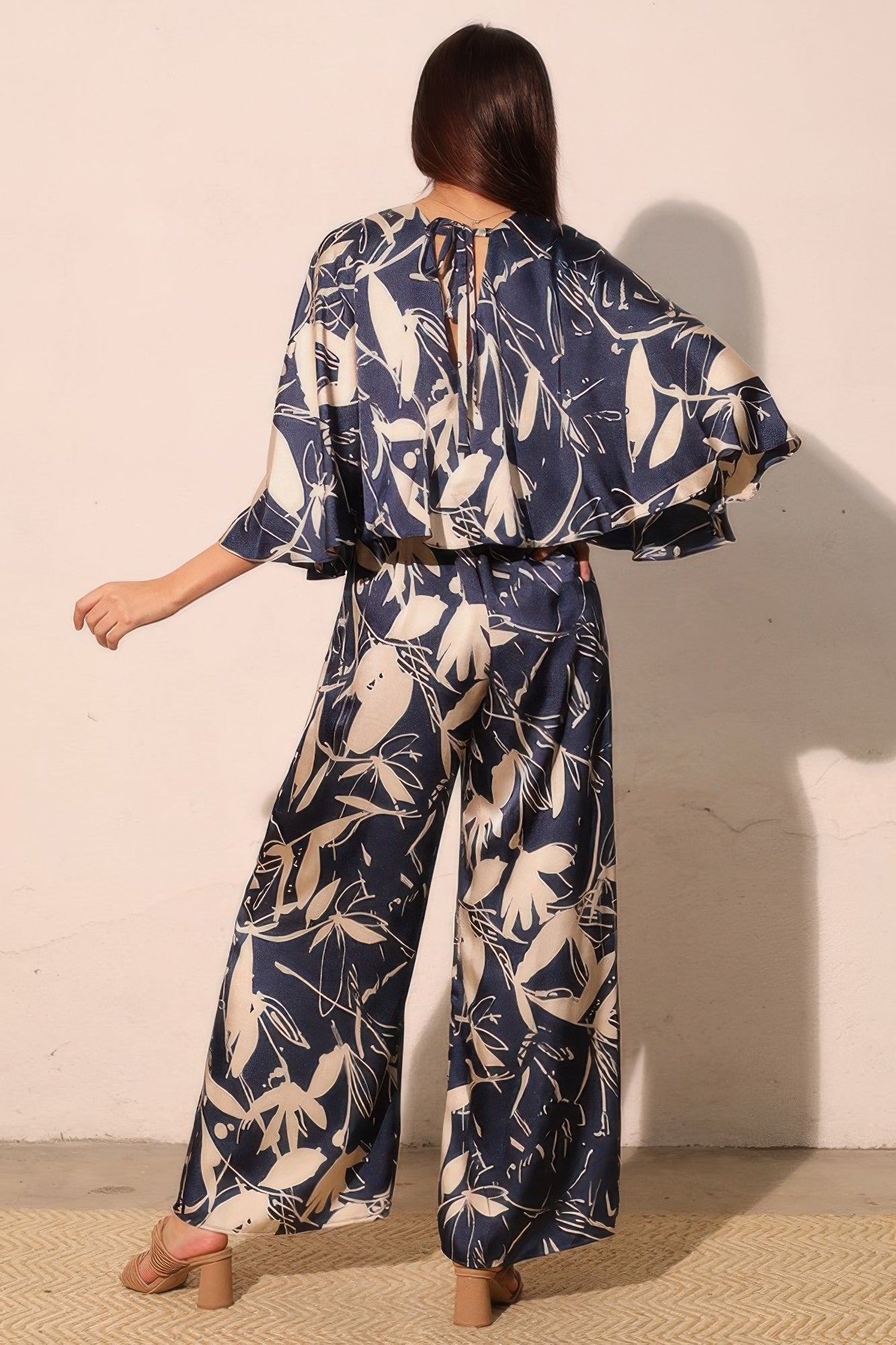 Women's Satin Cape-Overlay Jumpsuit, Elegant Wide-Leg Formal Evening Gown, Navy - Image 4