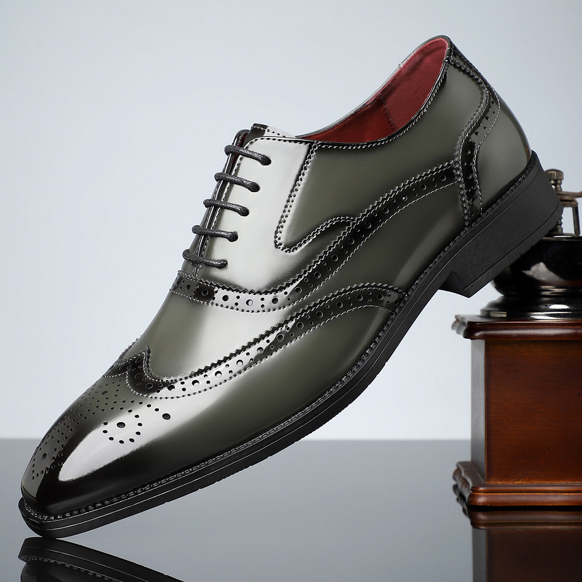 Men's Patent Leather Wingtip Brogue Dress Shoes – brogue detail view | Hensley London