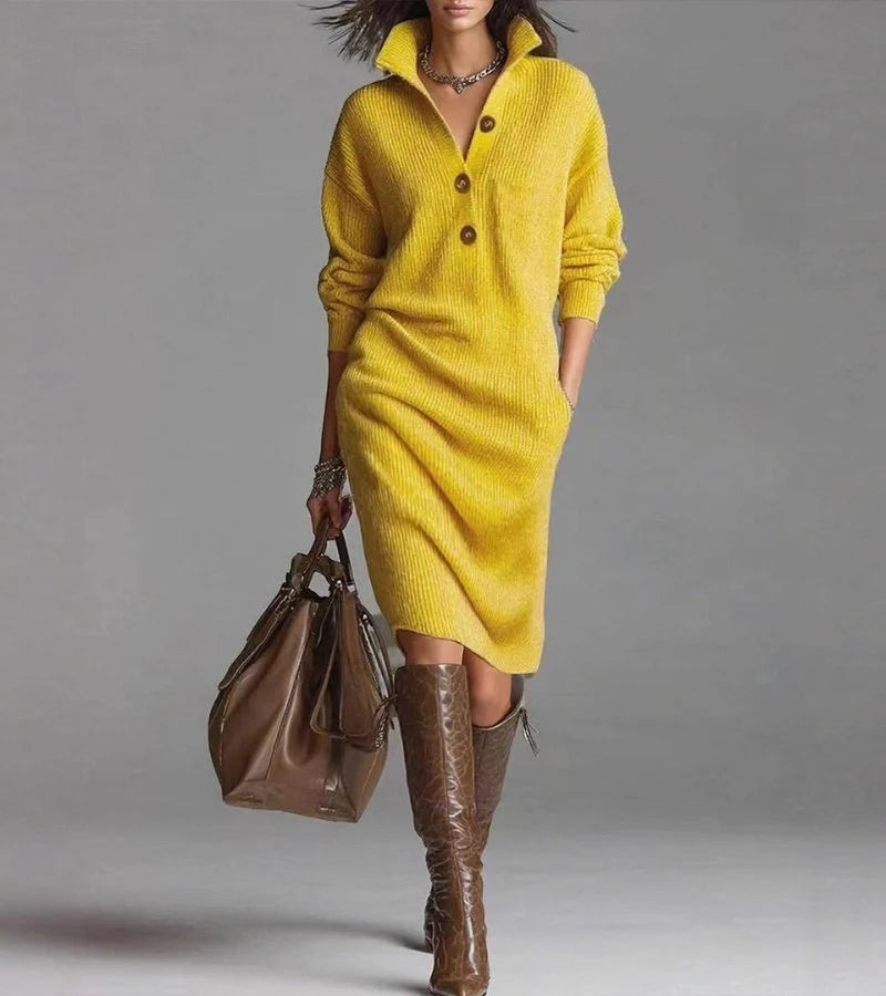 Women's Button-Neck Long-Sleeve Knit Midi Dress in Earth Yellow – product view 4 | Hensley London