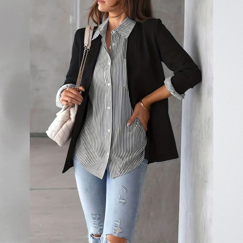 Women's Striped Relaxed Button-Up Pocket Shirt in Apricot - additional view 11 | Hensley London