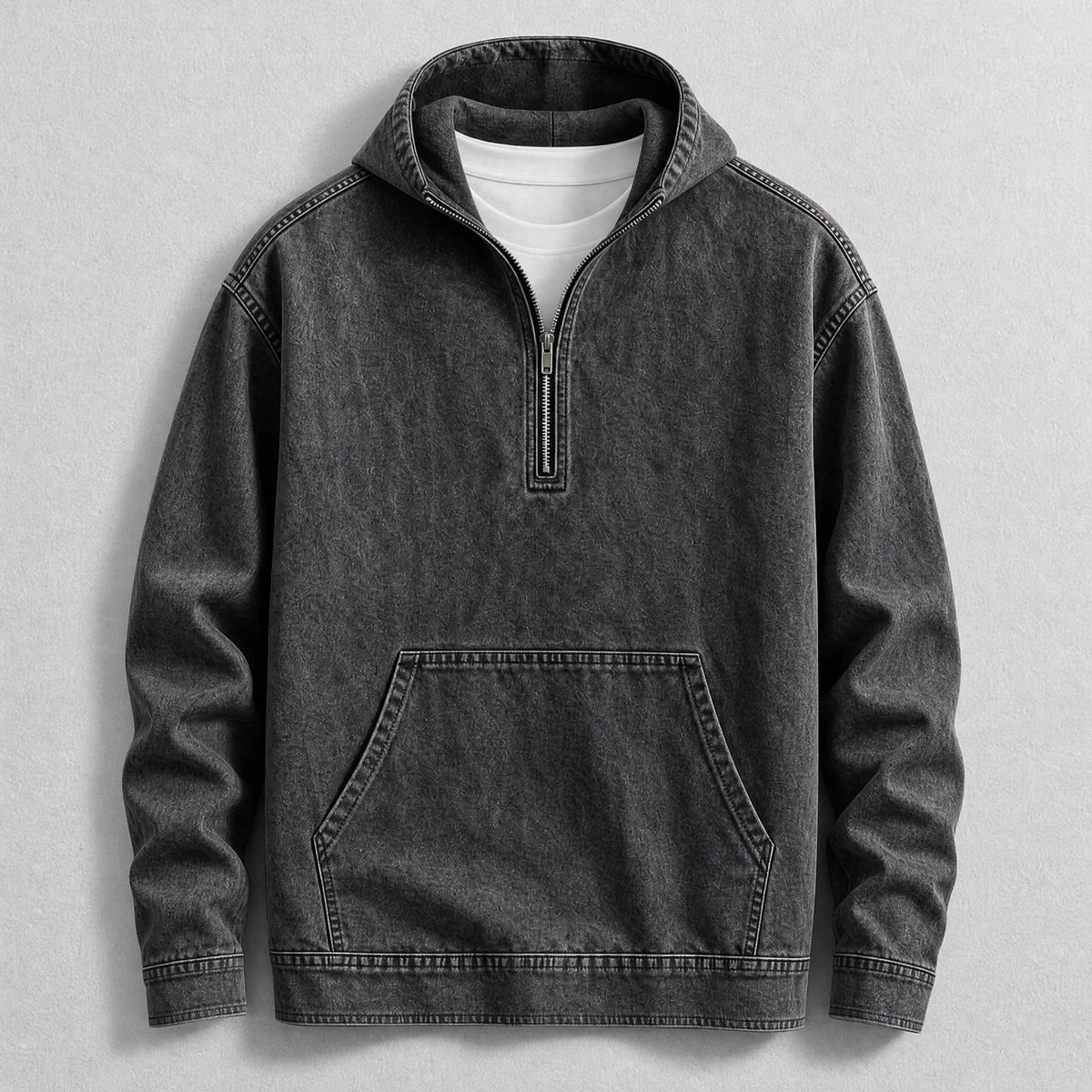 Men's Denim Quarter-Zip Pocket Hoodie in Black – product view | Hensley London