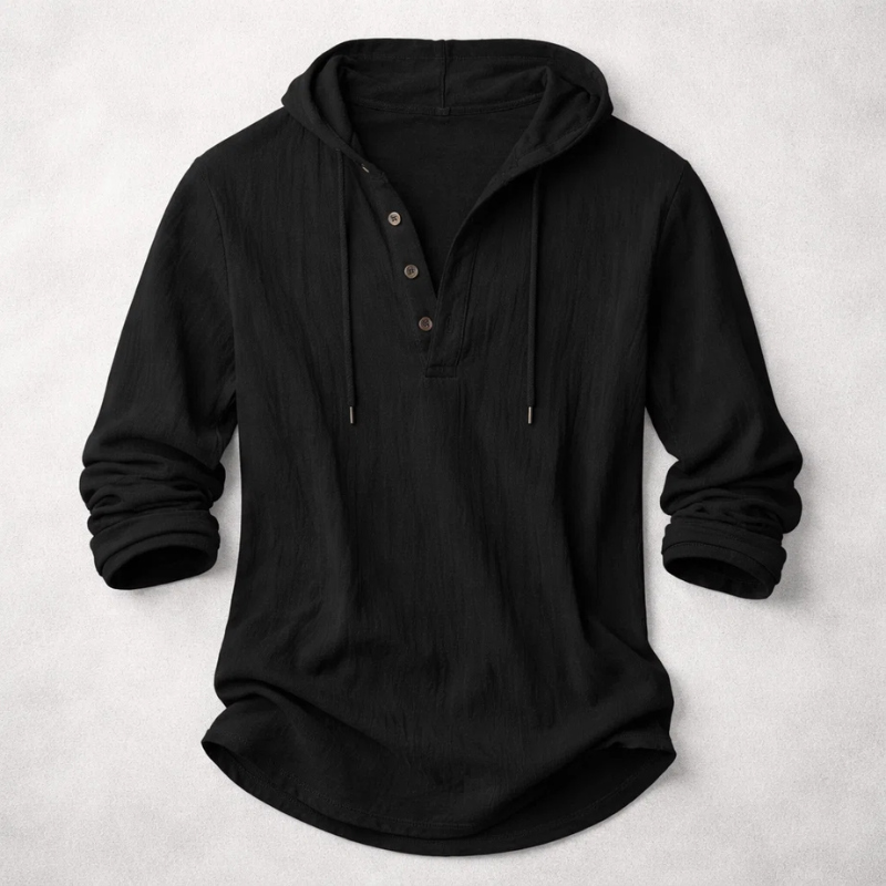 Men's Cotton-Linen Hooded Henley Shirt – product view | Hensley London