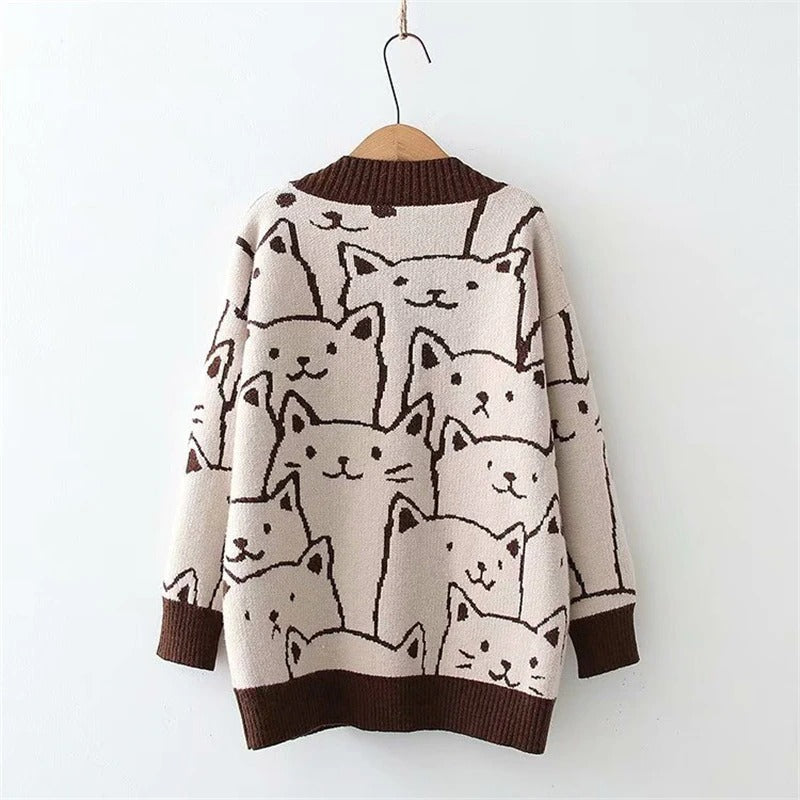 Cartoon Cat Print Knitted V-neck Winter Cardigan Sweaters 3