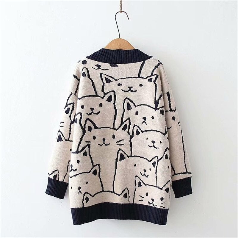 Cartoon Cat Print Knitted V-neck Winter Cardigan Sweaters 4