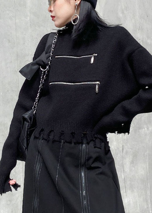 Women's Sweater Black Knit Blended Zippered with Tassels - 1