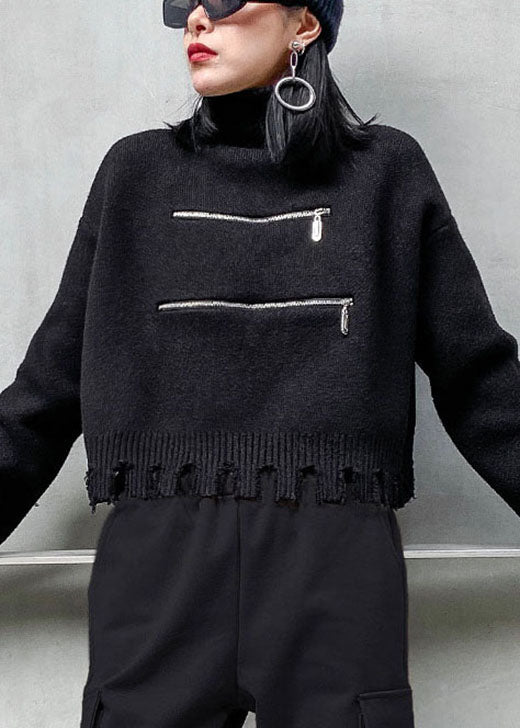 Women's Sweater Black Knit Blended Zippered with Tassels - 2