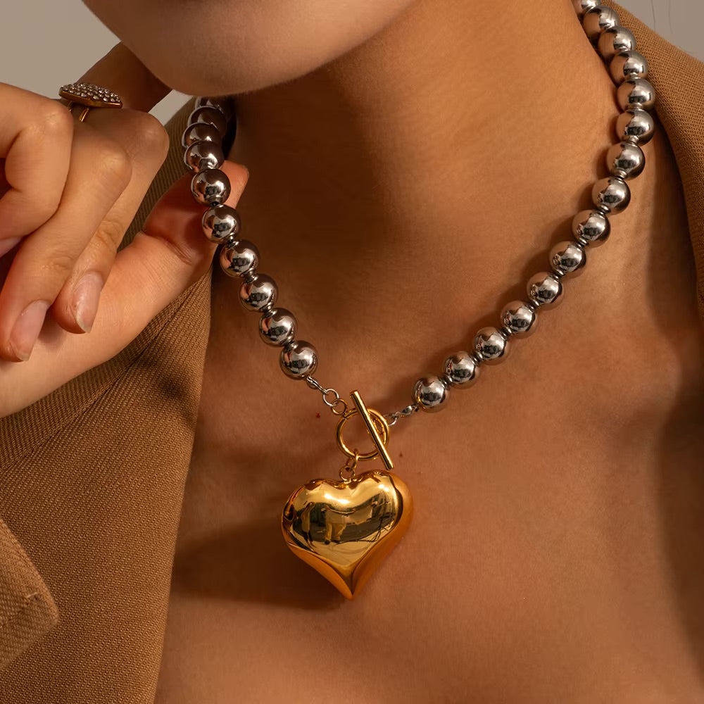 Chunky Bead Heart Pendant Necklace – Waterproof and Hypoallergenic Stainless Steel with 18k Gold Accent 1
