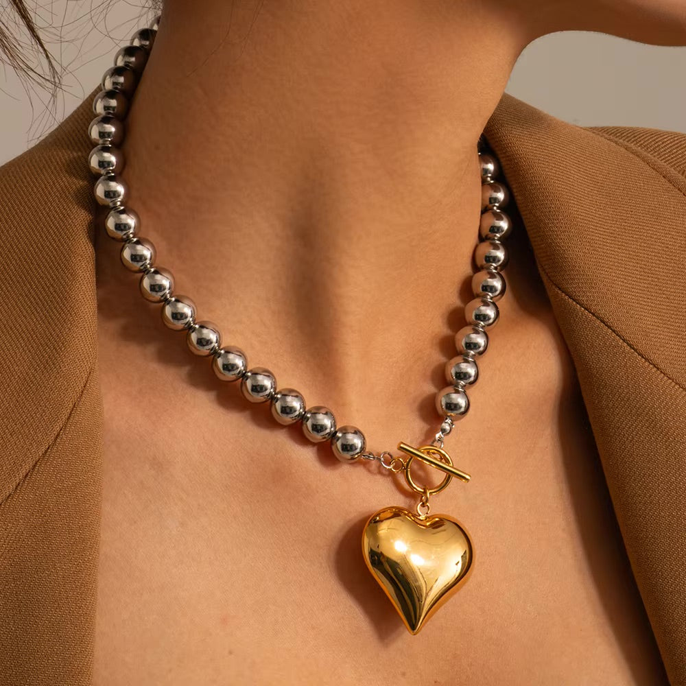 Chunky Bead Heart Pendant Necklace – Waterproof and Hypoallergenic Stainless Steel with 18k Gold Accent 2