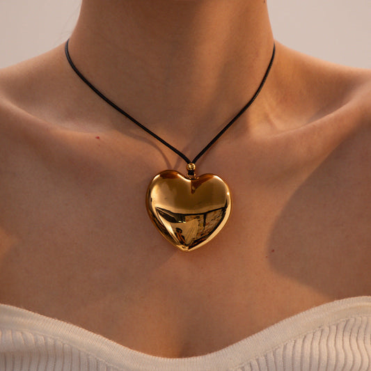Chunky Gold Heart Pendant Necklace with Black Rope – Hypoallergenic and Waterproof Statement Jewelry for Women 1