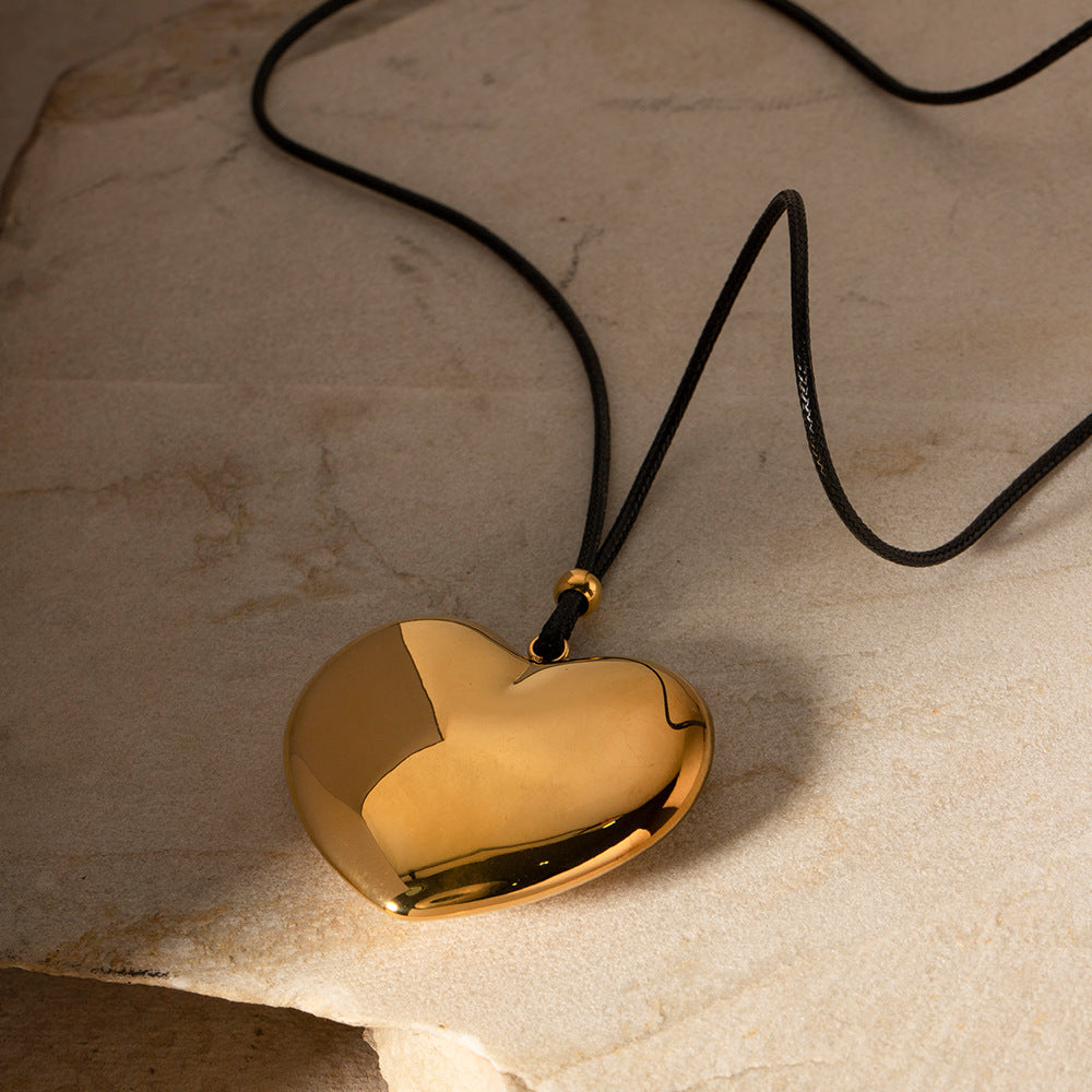 Chunky Gold Heart Pendant Necklace with Black Rope – Hypoallergenic and Waterproof Statement Jewelry for Women 6